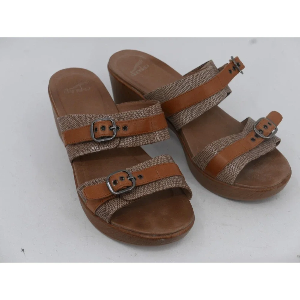 Dansko Sandals Brown Leather Wedge Slide Buckle Straps Women's Size 10.5 EU 41